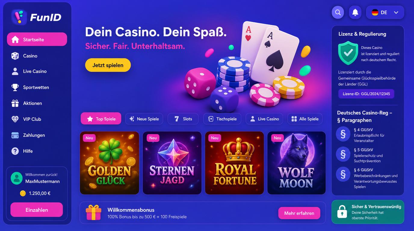 Ein Symbol für deutsche Regulierung neben Casino-Chips und Spielkarten.
