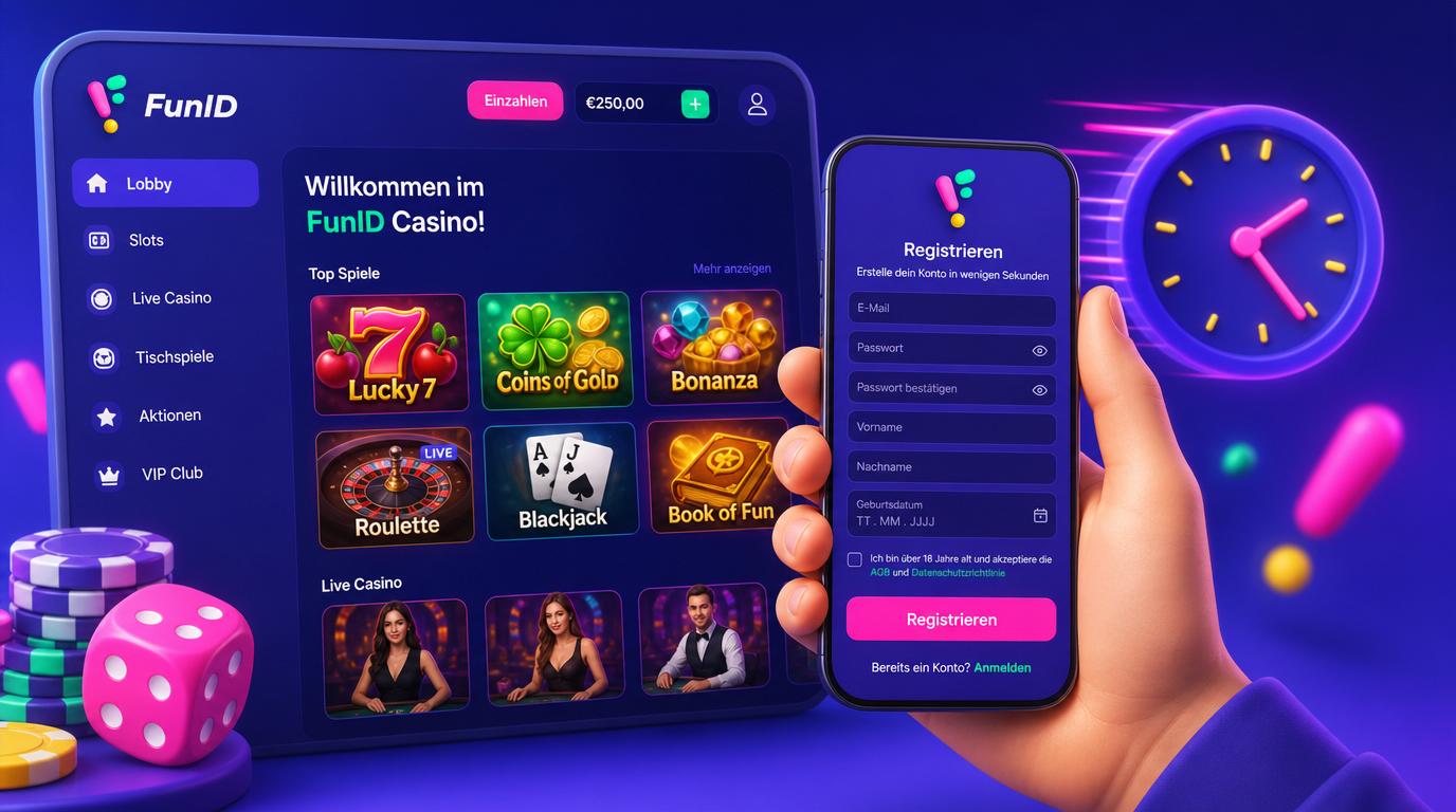 Ein Smartphone mit dem Registrierungsformular von Funid Casino, deutsches Layout und Button „Registrieren“ sichtbar.