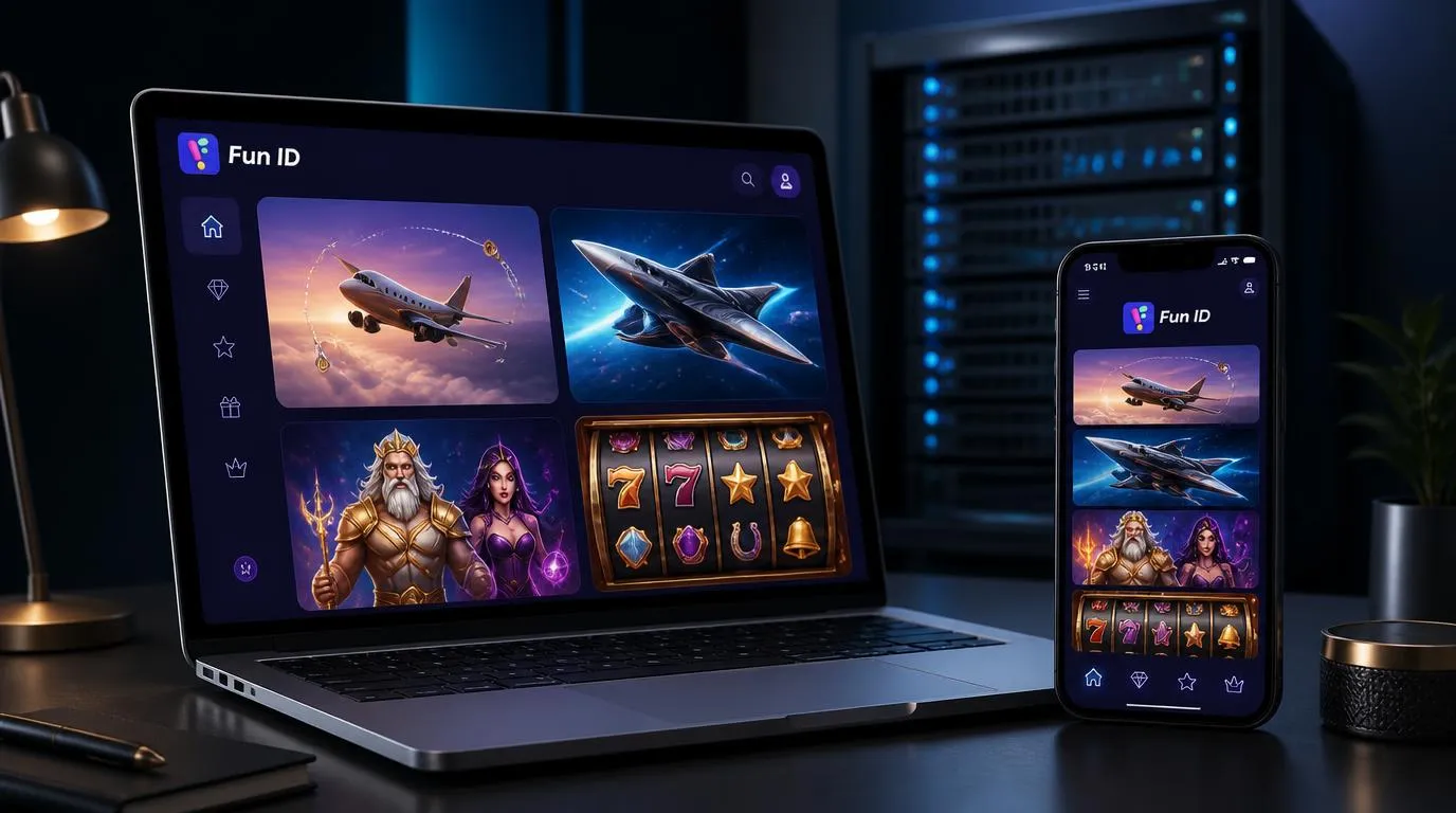 Casino-Oberfläche auf Laptop und Smartphone mit Spielkacheln und Servertechnik im Hintergrund