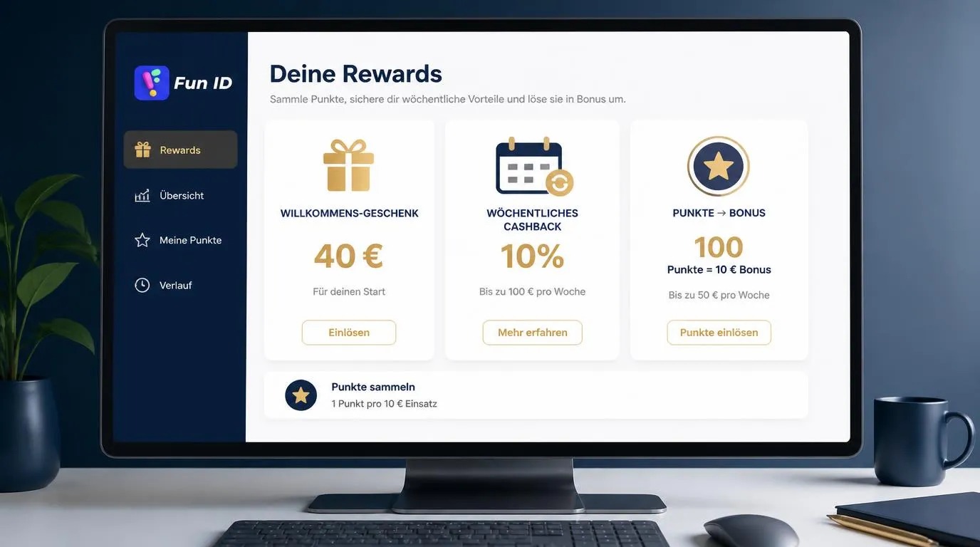 Illustrative Bonusübersicht mit 40 € Willkommensbonus, wöchentlichem Cashback und einem Punktezähler