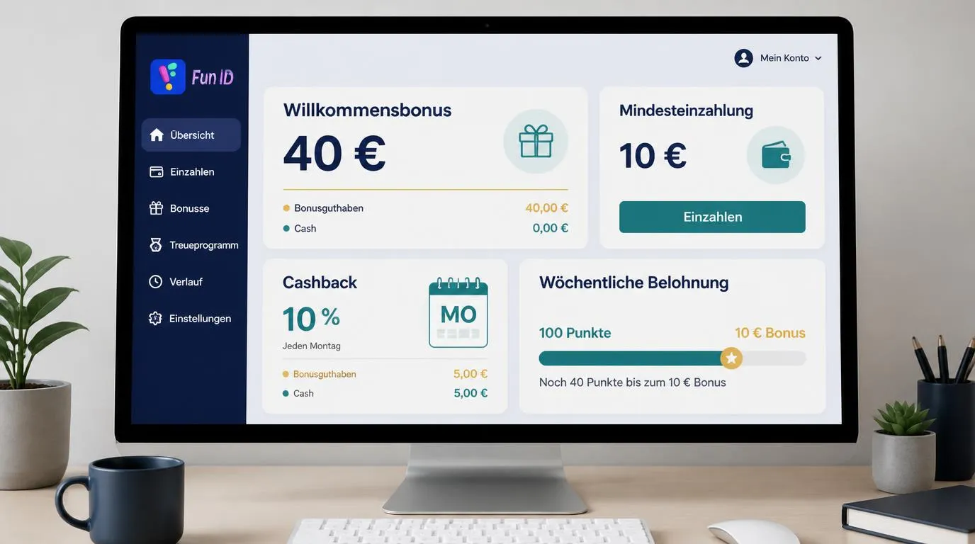 Casino-Bonusübersicht mit 40 € Willkommensbonus, 10 € Mindesteinzahlung und Karten für Cashback und Wochenpunkte
