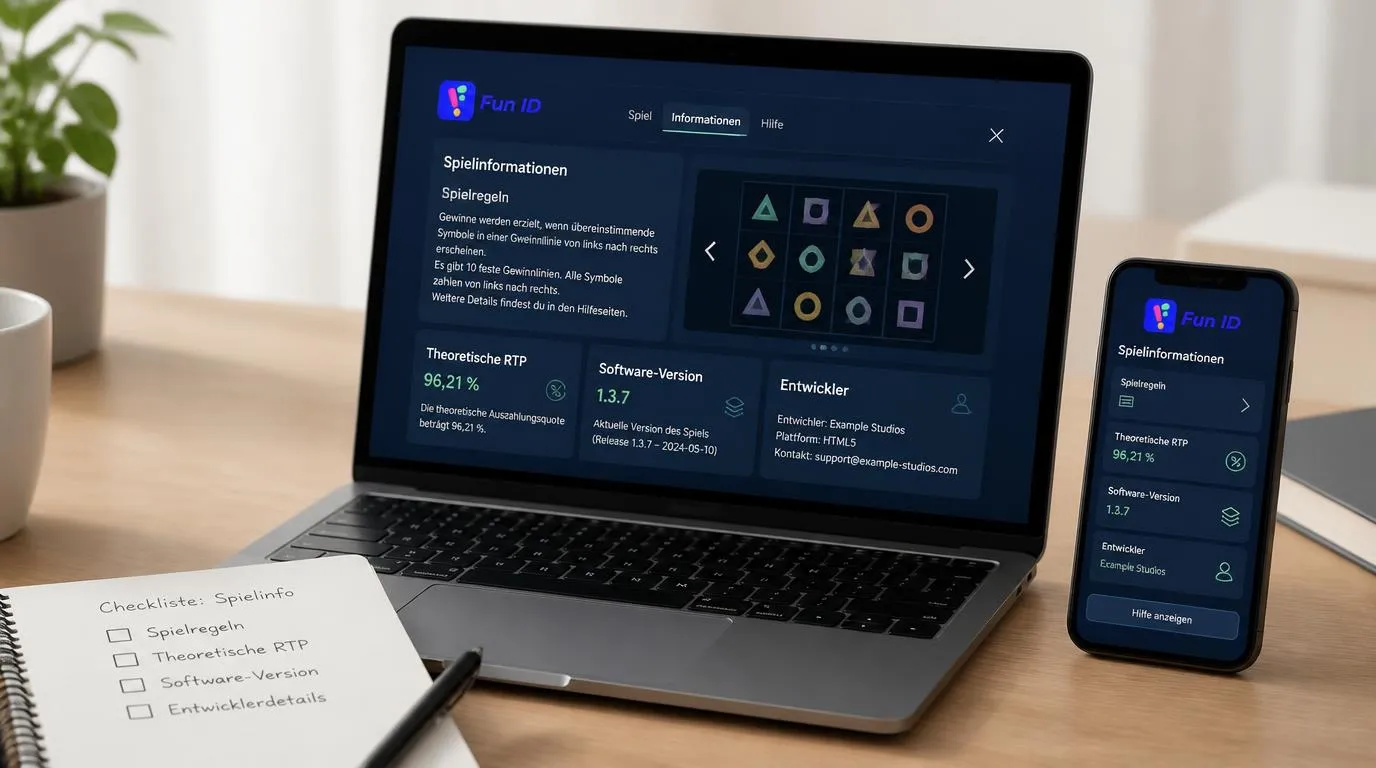 Laptop mit Spielinformationen, RTP-Anzeige und Softwaredetails neben einem Smartphone mit mobiler Spielansicht