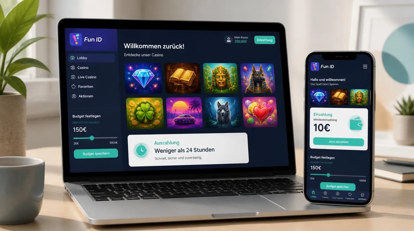 Casino-Oberfläche auf Smartphone und Laptop mit Auszahlungshinweis unter 24 Stunden und Mindesteinzahlung von 10€